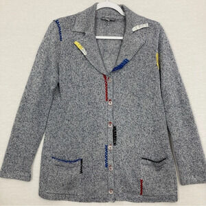 Barbara Katz Gray Multi Color Embroidered Collar Button Knit Cardigan Large